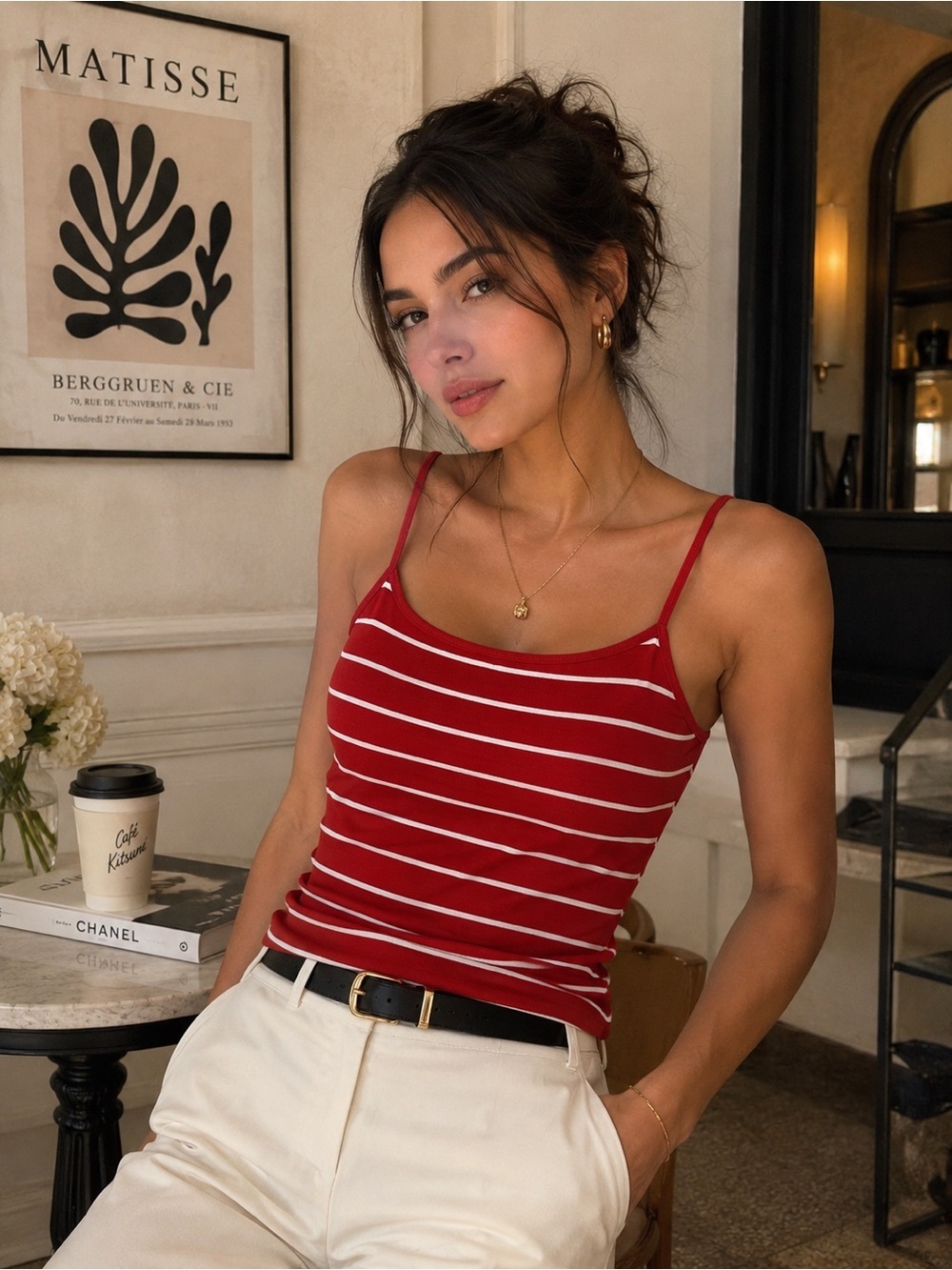 Forever 21 Red & White Striped Spaghetti Strap Tank Top size S